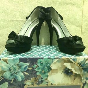 Black satin ruffle peep toe heels